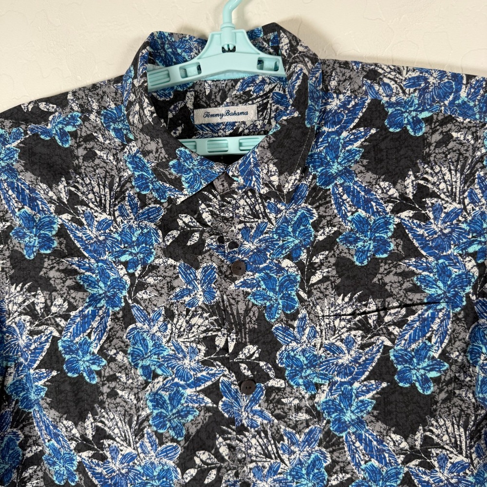 Tommy Bahama Button Up Shirt Mens XL Blue Silk Blend Floral Hawaiian Camp Aloha